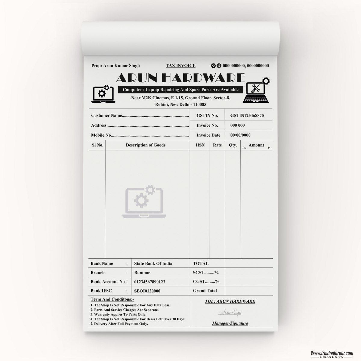 ARUN HARDWARE (COMPUTER LAPTOP REPAIR) INVOICE BILL BOOK